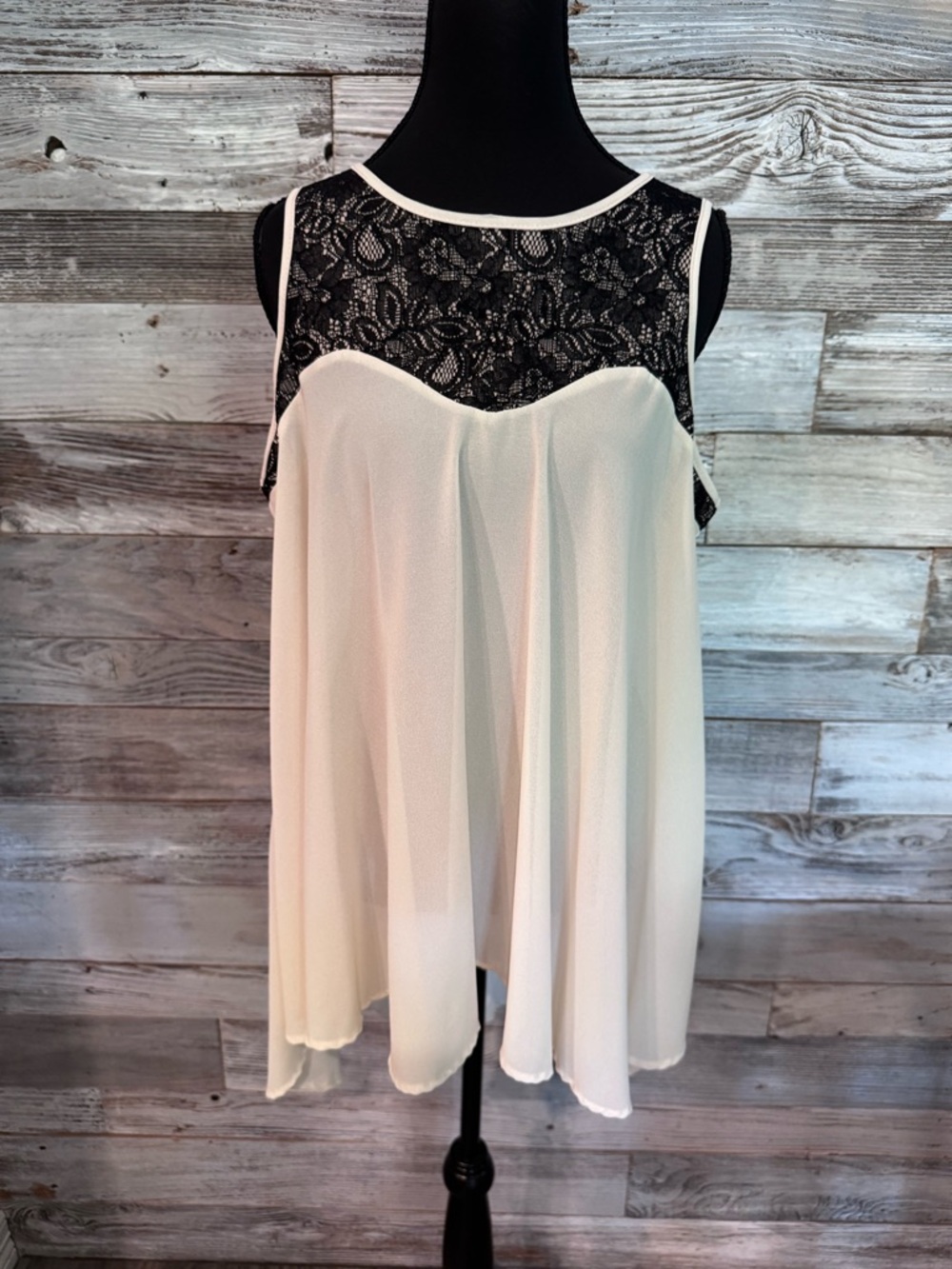 VISION USA Sheer High Low Cream Chiffon Tank with Black Lace Trim